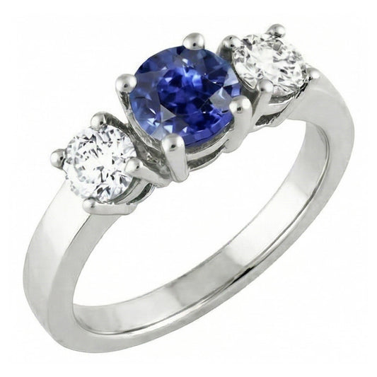 14K Gold Three Stone Engagement Ring Round Ceylon Sapphire 2.50 Carats