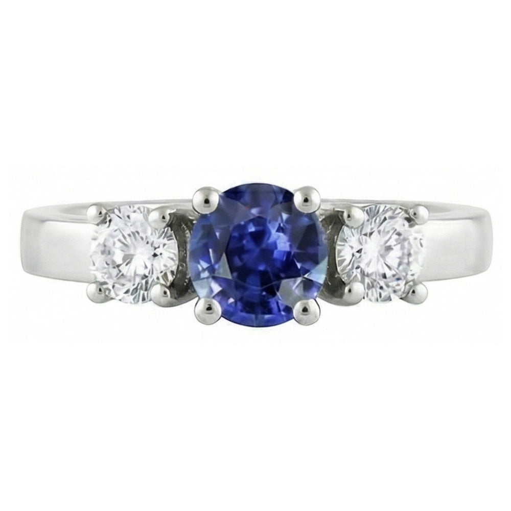 14K Gold Three Stone Engagement Ring Round Ceylon Sapphire 2.50 Carats