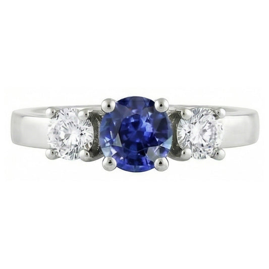 14K Gold Three Stone Engagement Ring Round Ceylon Sapphire 2.50 Carats