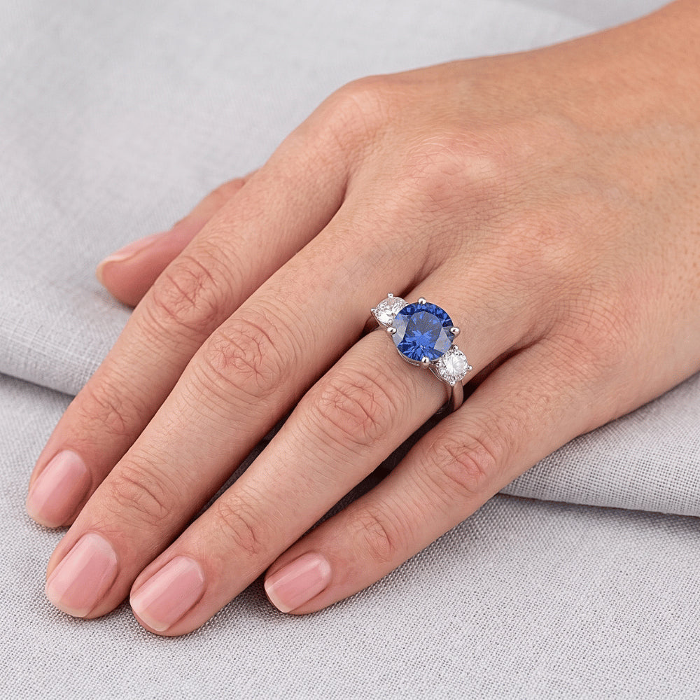 14K Gold Three Stone Engagement Ring Round Ceylon Sapphire 2.50 Carats