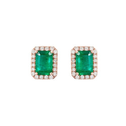 14K Rose Gold Green Emerald With Diamond 8 Carats Lady Stud Halo Earrings