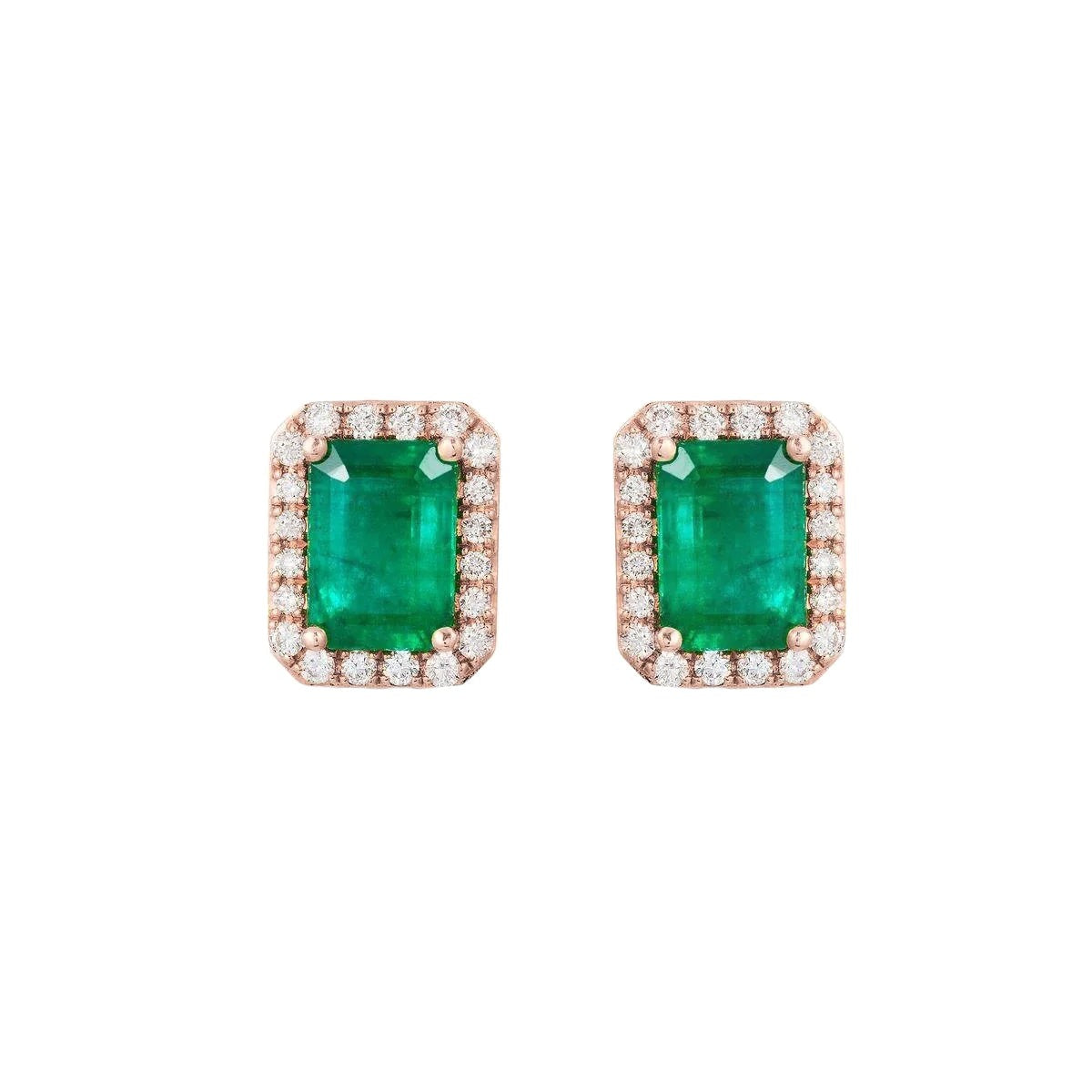 14K Rose Gold Green Emerald With Diamond 8 Carats Lady Stud Halo Earrings