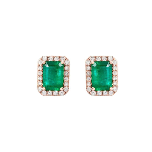 14K Rose Gold Green Emerald With Diamond 8 Carats Lady Stud Halo Earrings