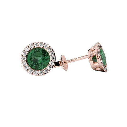14K Rose Gold Round 4.50 Carats Green Emerald With Diamonds Stud Earrings