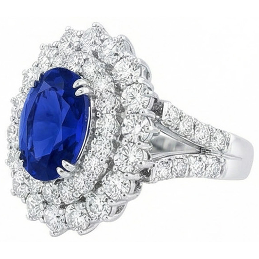 14K White Gold 10 Ct. Cushion Sapphire And Round IGI CERTIFIED Diamonds Ring