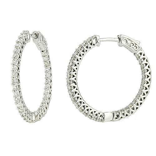 14K White Gold 2 Ct Inside Out Real Diamond Hoop Earrings