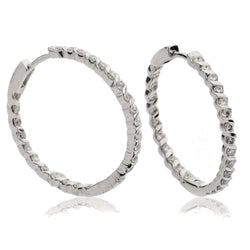 14K White Gold 3.00 Carats Brilliant Cut Real Diamonds Lady Hoop Earrings