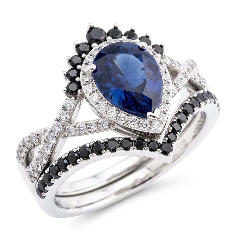 14K White Gold Black Diamond Blue Sapphire Colored Stone Ring 4