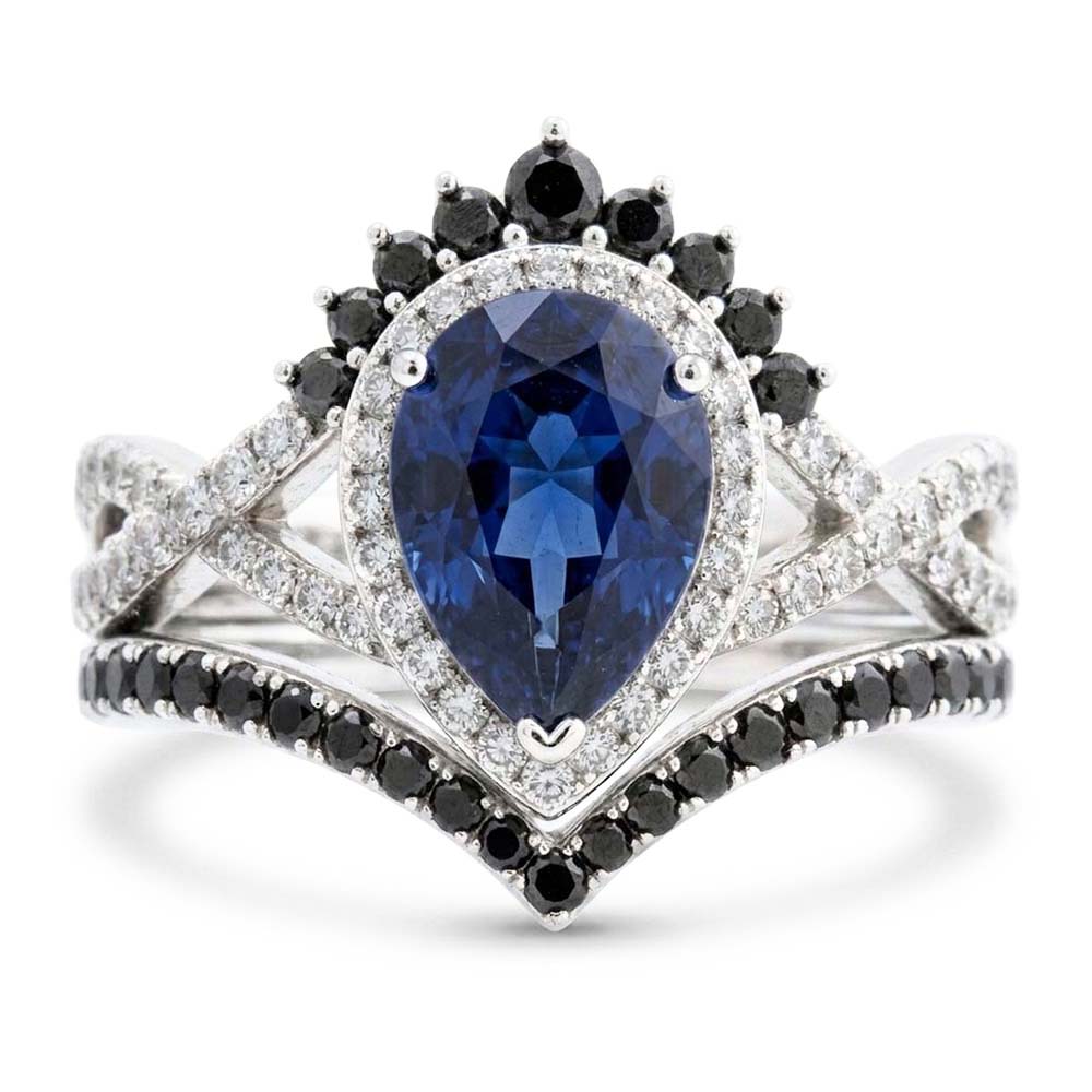14K White Gold Black Diamond Blue Sapphire Colored Stone Ring 4