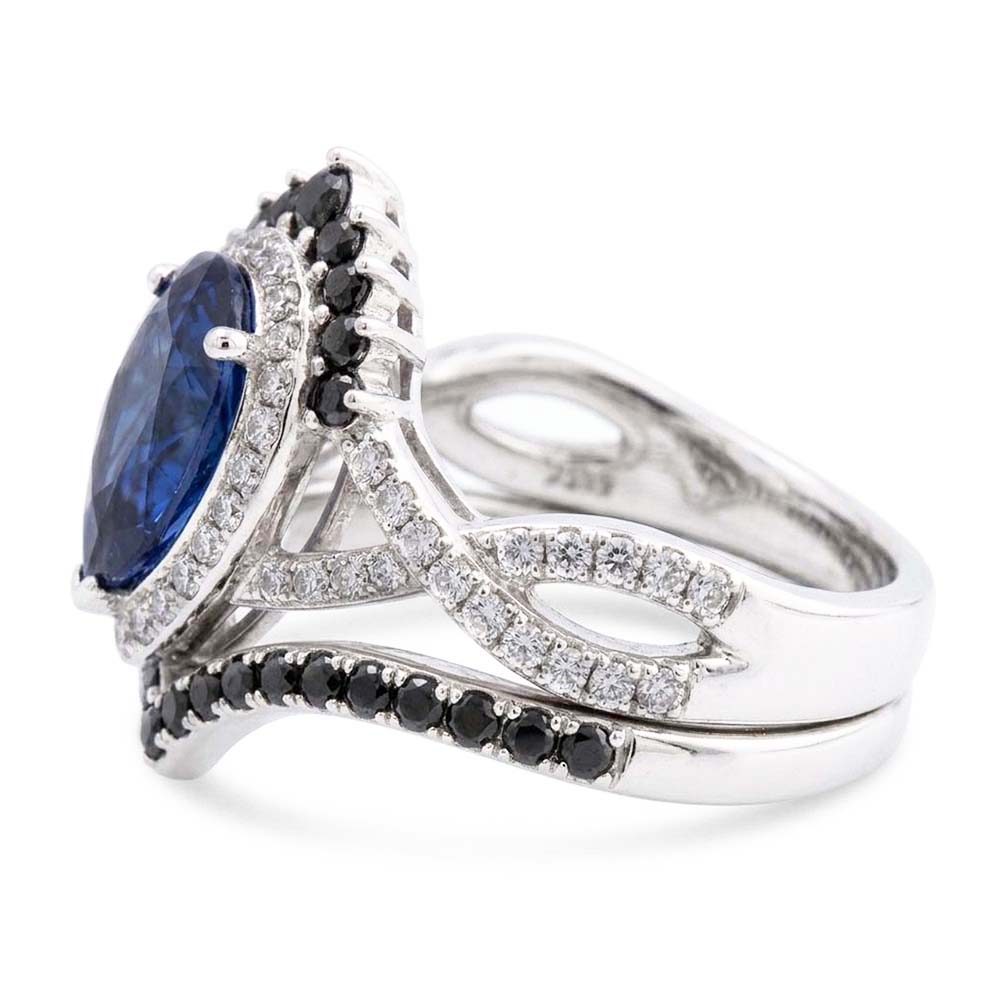 14K White Gold Black Diamond Blue Sapphire Colored Stone Ring 4