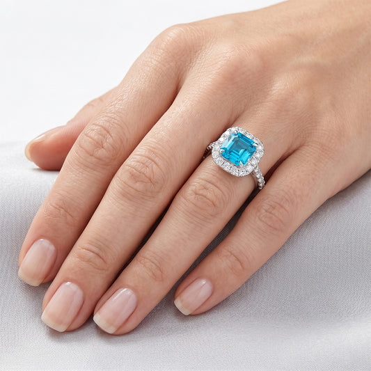 14K White Gold Blue Diamond Diamond Halo Setting Ring 3 ct