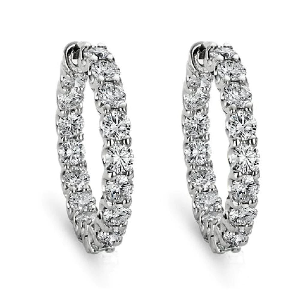 14K White Gold Ladies Hoop Earrings 6.40 Carats Round Cut Real Diamonds
