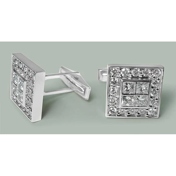 18K White Gold Men's Cuff link Pair 3.50 Carat Real Diamonds Cuff links