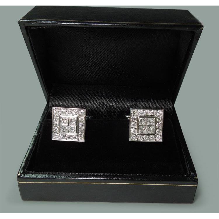 18K White Gold Men's Cuff link Pair 3.50 Carat Real Diamonds Cuff links