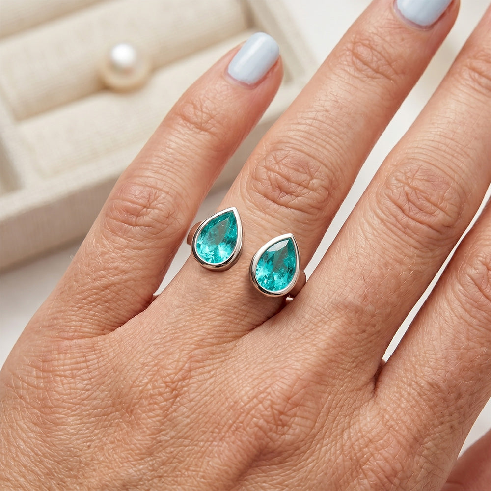 14K White Gold Neon Paraiba Colored Stone Ring – 1-ct Pear Cut