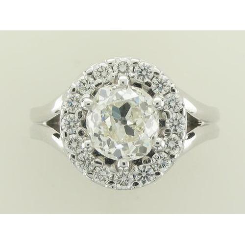 14K White Gold Real Old Miner Cut Diamond Ring 2 Ct. Halo Lady Jewelry