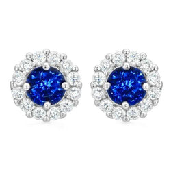 14K White Gold Round Sapphire And Diamond Stud Earring 3.20 Ct.