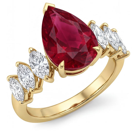 14K Yellow Gold VVS Clarity Pigeon Blood Ruby 3-Stone Ring 4 ct