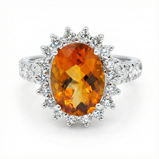 14K White Gold Madeira Citrine And Natural Earth Mined Diamond Ring 22.50 Carats Jewellery