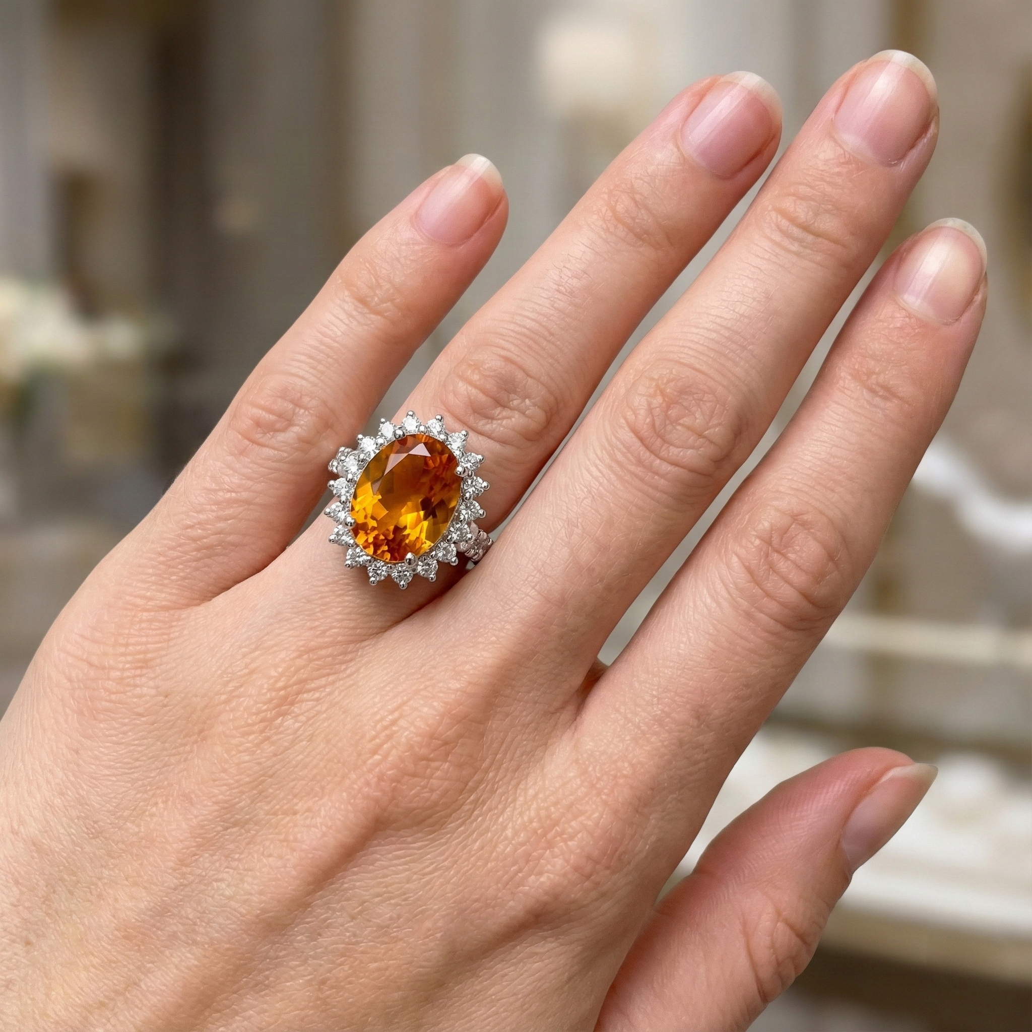 14K White Gold Madeira Citrine And Natural Earth Mined Diamond Ring 22.50 Carats Jewellery