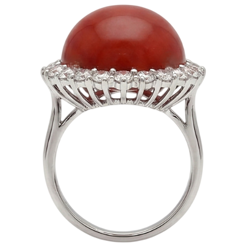15.25 Ct Big Red Coral And Natural Earth Mined Diamonds Engagement Ring White Gold 14K