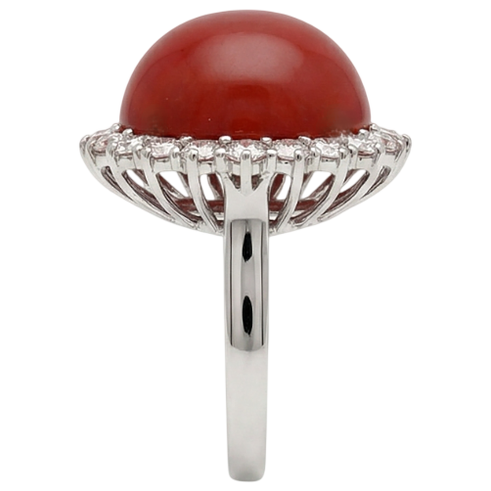 15.25 Ct Big Red Coral And Natural Earth Mined Diamonds Engagement Ring White Gold 14K