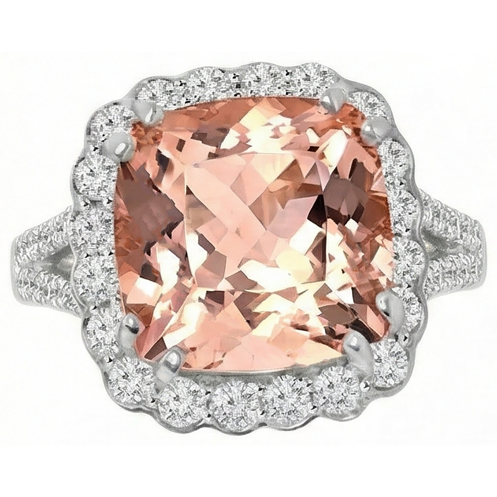 15.25 Ct Cushion Morganite With Round Natural Earth Mined Diamonds Ring 14K White Gold
