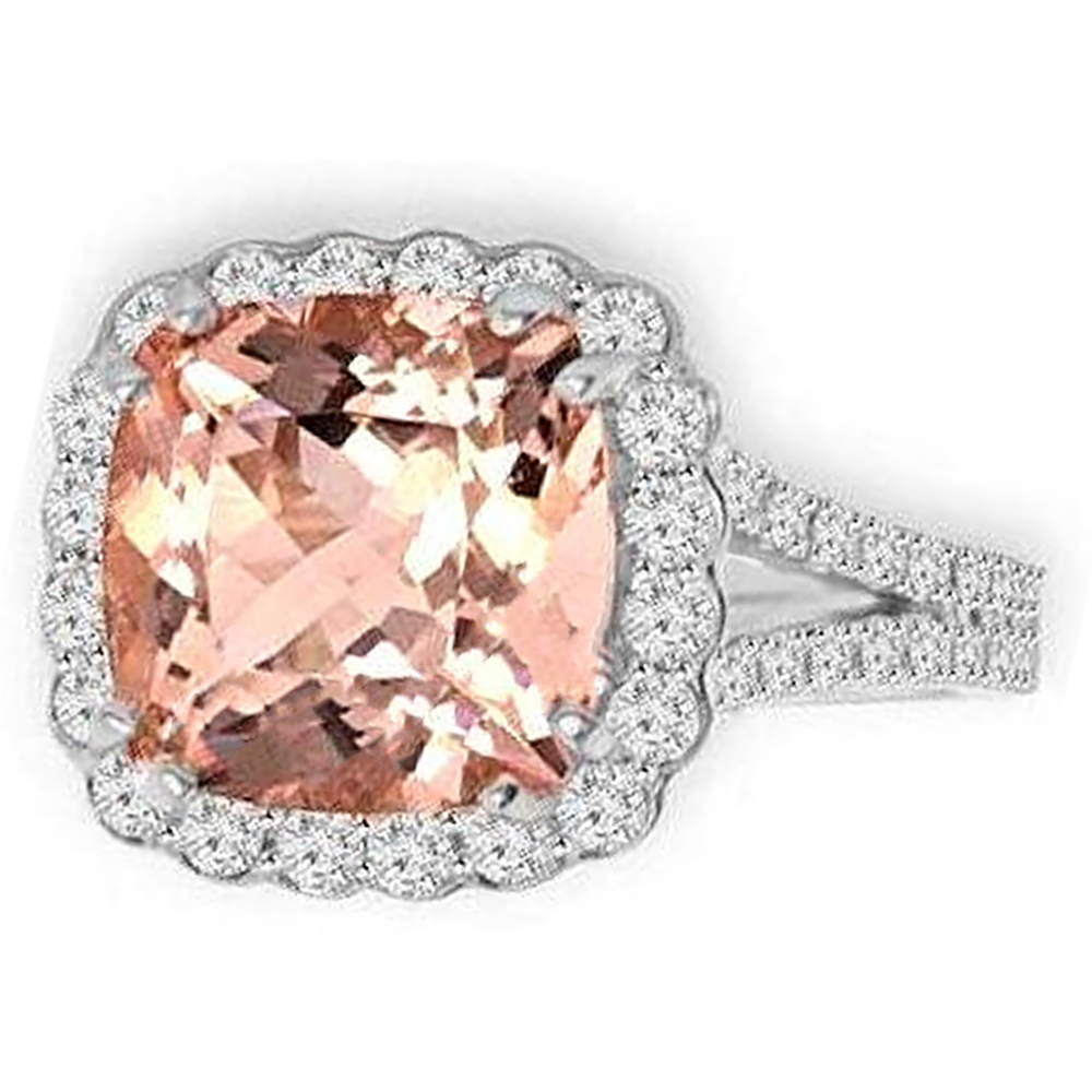 15.25 Ct Cushion Morganite With Round Natural Earth Mined Diamonds Ring 14K White Gold