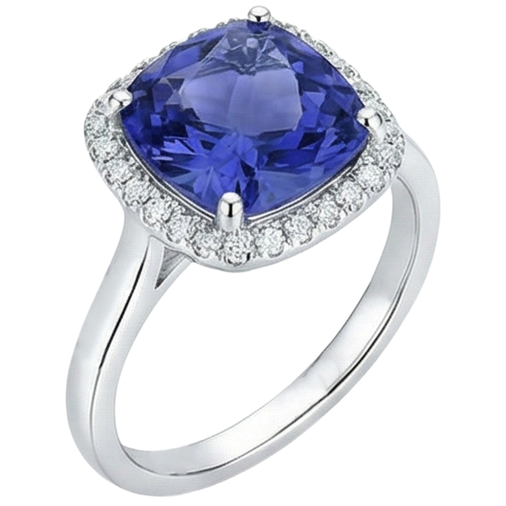 15.25 Ct Cushion Tanzanite With Natural Earth Mined Diamonds Ring Gold 14K
