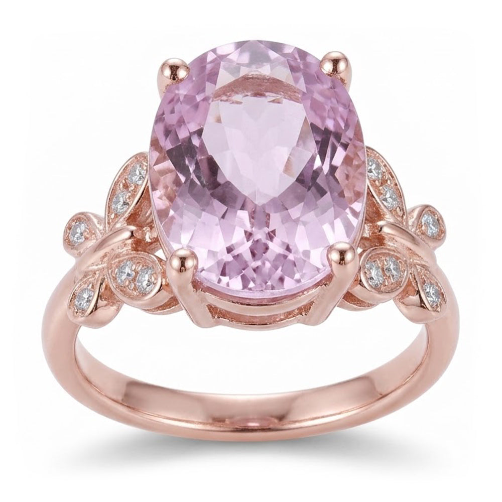 15.50 Carats Oval Cut Pink Kunzite With Natural Earth Mined DIAMOND ( NOT LAB GROWN ) Ring Rose Gold 14K