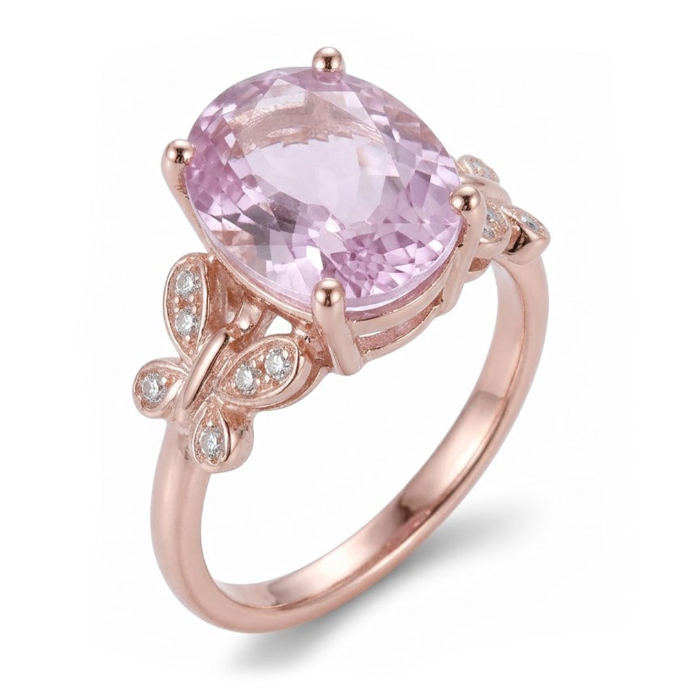 15.50 Carats Oval Cut Pink Kunzite With Natural Earth Mined DIAMOND ( NOT LAB GROWN ) Ring Rose Gold 14K