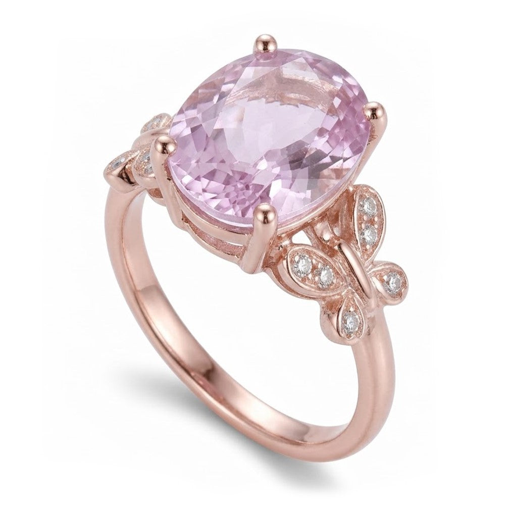 15.50 Carats Oval Cut Pink Kunzite With Natural Earth Mined DIAMOND ( NOT LAB GROWN ) Ring Rose Gold 14K