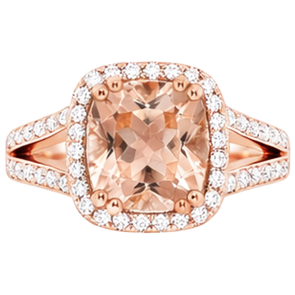 15 Ct Cushion Morganite And Round Natural Earth Mined Diamonds Ring Rose Gold 14K