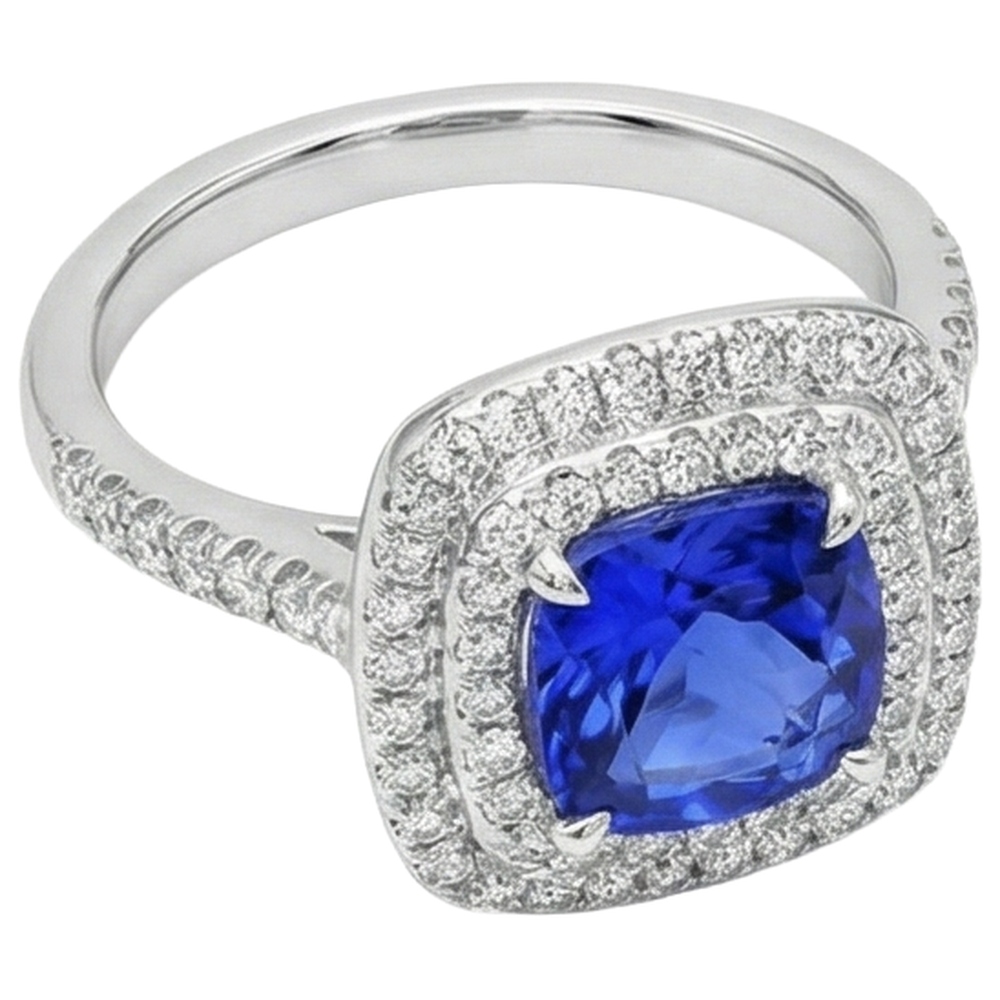 15 Ct Halo Cushion Tanzanite And Natural Earth Mined Diamonds Ring White Gold 14K