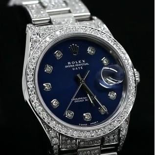 16 Carats-Iced Out Custom Diamond Dial Bezel Rolex Date 34Mm Watch