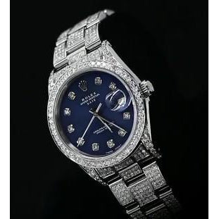 16 Carats Iced Out Custom-Diamond Dial Bezel Rolex Date 34Mm Watch