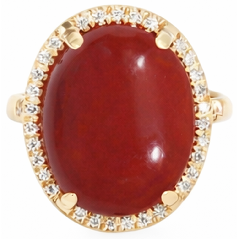 17 Ct Big Red Coral And Small Natural Earth Mined Diamonds Wedding Ring Gold 14K