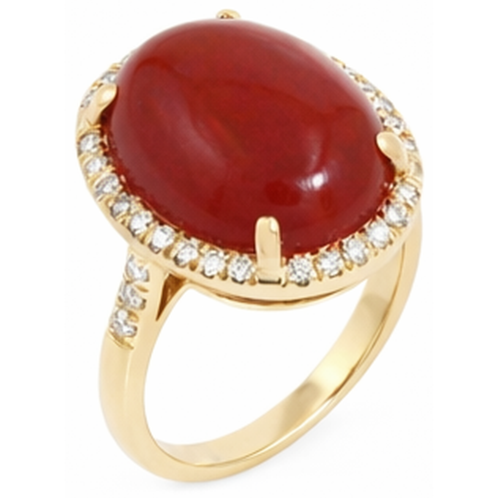 17 Ct Big Red Coral And Small Natural Earth Mined Diamonds Wedding Ring Gold 14K