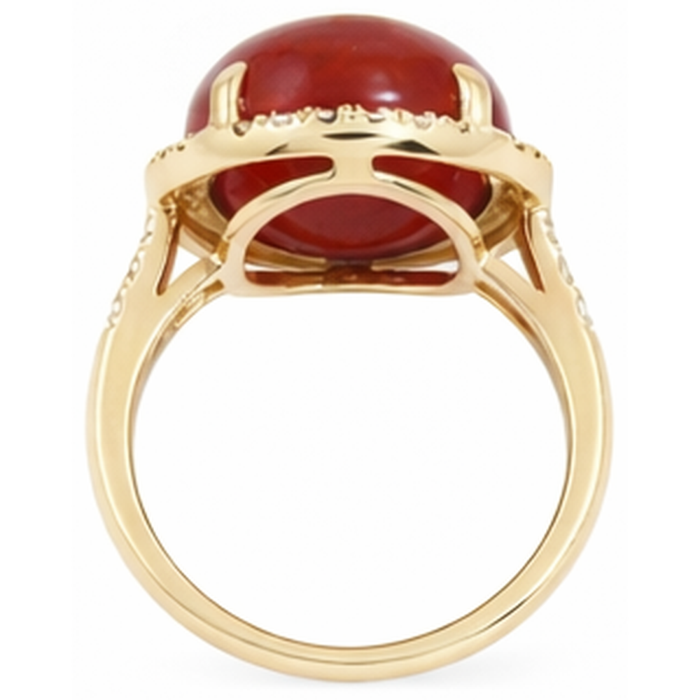 17 Ct Big Red Coral And Small Natural Earth Mined Diamonds Wedding Ring Gold 14K