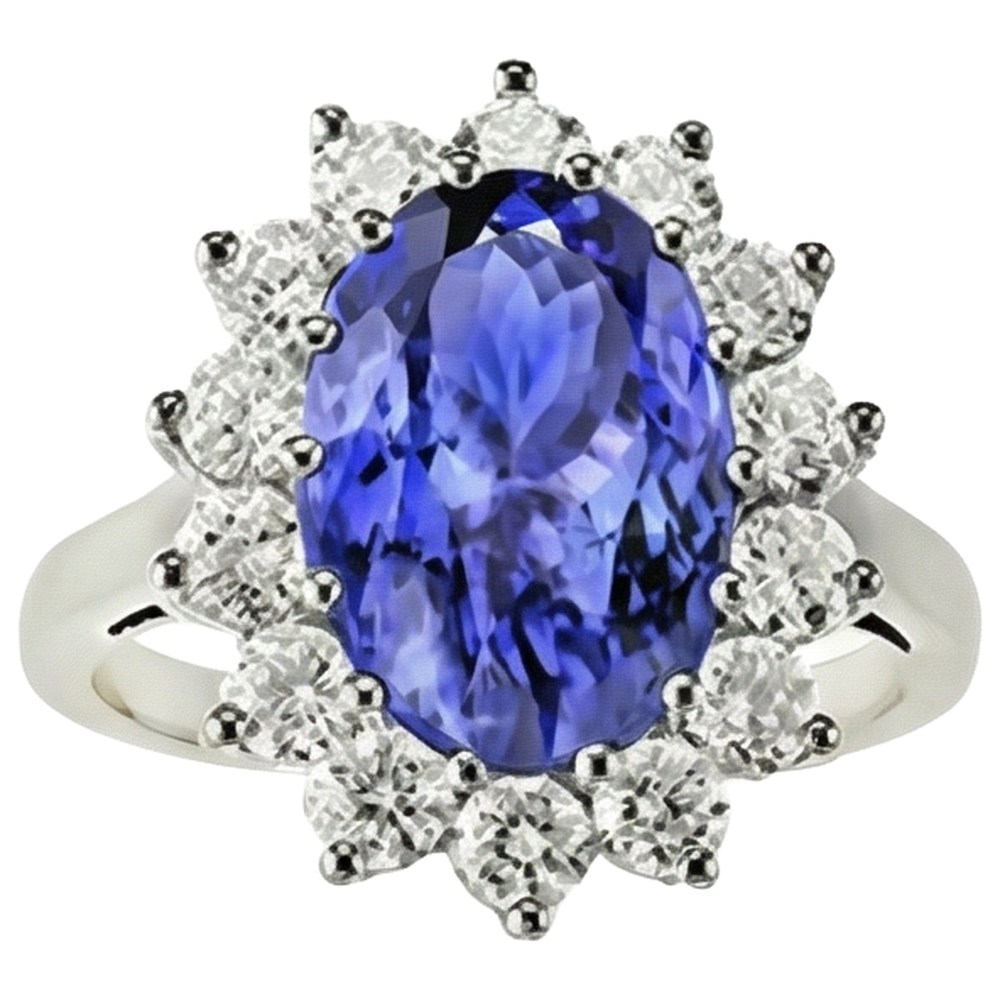 19.75 Ct Oval Tanzanite With Natural Earth Mined Diamonds Ring Flower Style 14K Gold