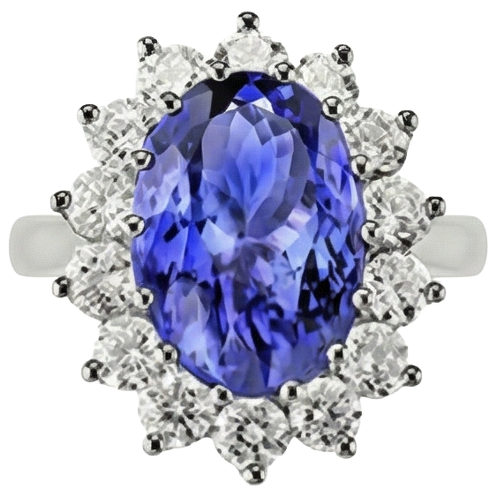 19.75 Ct Oval Tanzanite With Natural Earth Mined Diamonds Ring Flower Style 14K Gold