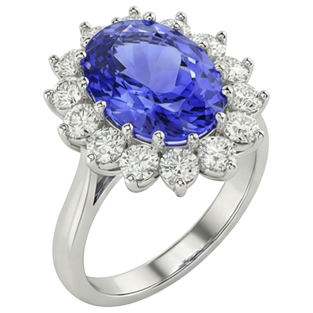 19.75 Ct Oval Tanzanite With Natural Earth Mined Diamonds Ring Flower Style 14K Gold