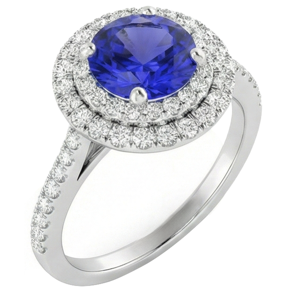 19 Ct Round Cut Tanzanite And Natural Earth Mined Diamonds Wedding Ring 14K White Gold