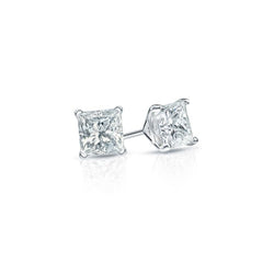 1 Carat Real Princess Cut Diamond Stud Earring 14K White Gold