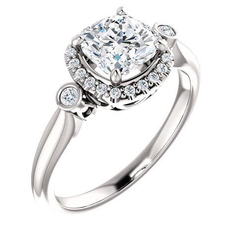 1.26 Ct Three Stone Center Cushion Halo Diamond Ring 14K White Gold