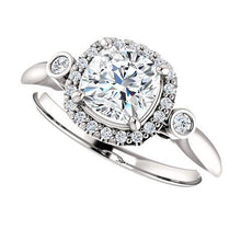 1.26 Ct Three Stone Center Cushion Halo Diamond Ring 14K White Gold