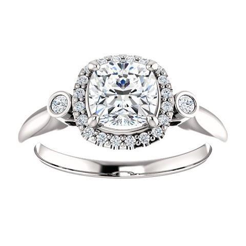 1.26 Ct Three Stone Center Cushion Halo Real Natural Earth Mined Diamond Ring 14K White Gold