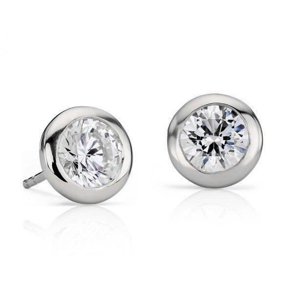 1.3 Ct Bezel Set Solitaire Round Real Diamond Stud Earring 14K White Gold