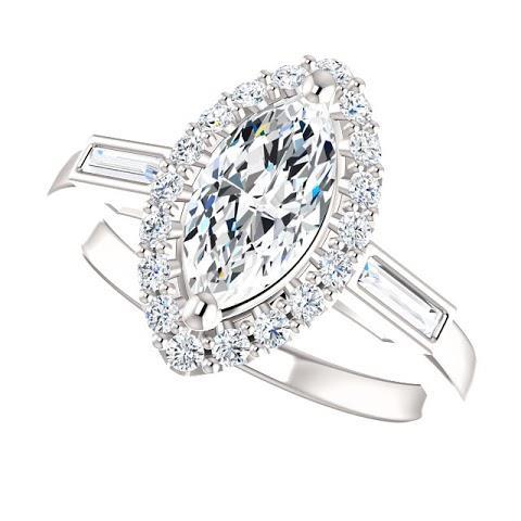 1.30 Carats Genuine Marquise Center Diamond And Baguette Halo  Ring
