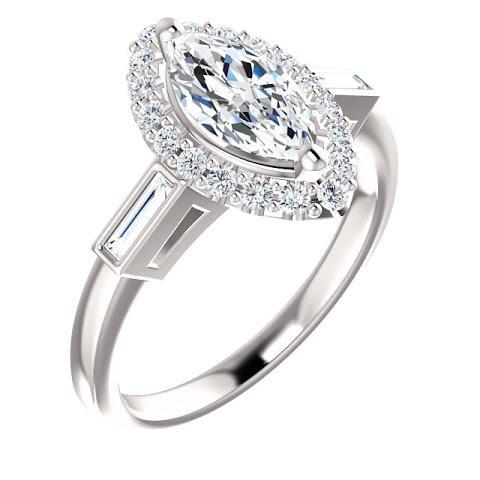  Genuine Marquise Center Diamond And Baguette Halo Engagement Ring